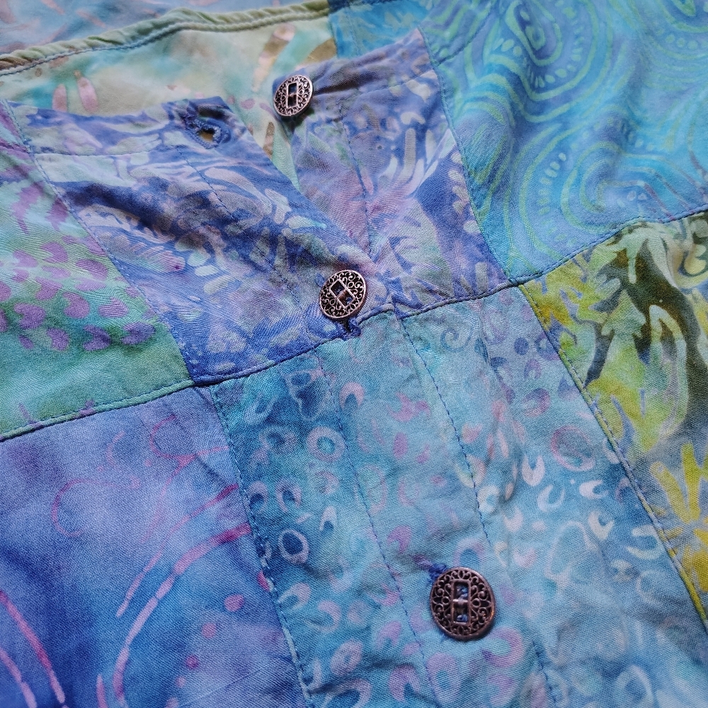 Vintage 90s Blue Batik Patchwork Button-Up Long-S… - image 6